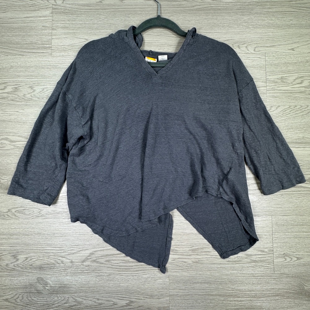 C&C California Women's Hoodie Top Charcoal Gray XL 100% Linen Split Back V-Neck
